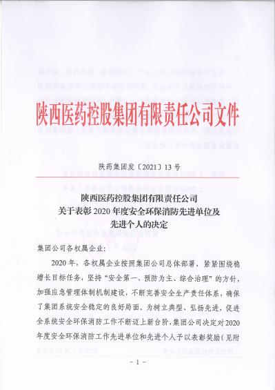 陕药集团发〔2021〕13号关于表彰2020年度安全环保消防先进单位及先进个人的决定